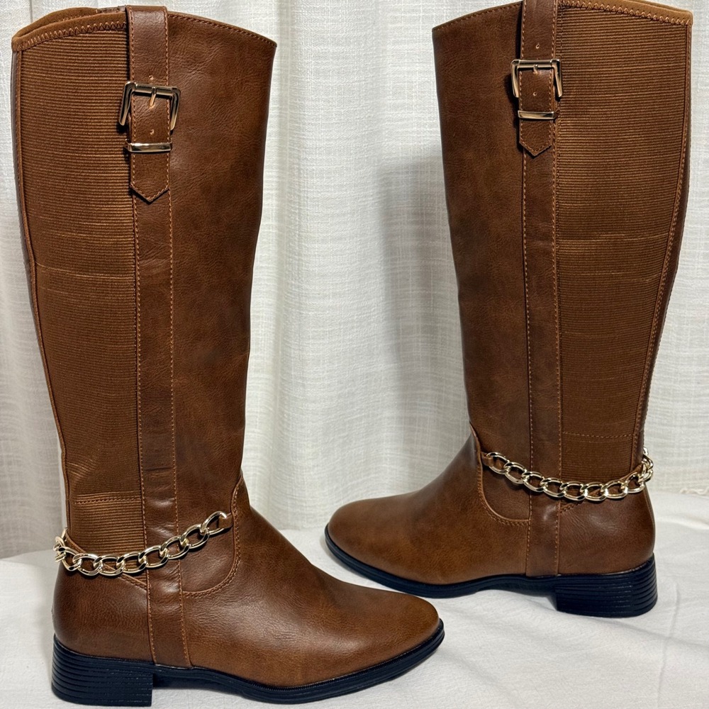 ShoeDazzle Gamela Riding Boots 5.5 Brown Faux Leather Gold Chain Buckle Tall Zip